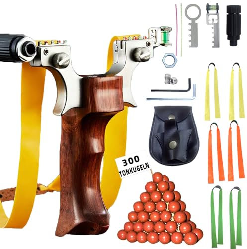 NWIWI Steinschleuder,Edelstahl & Rosenholz Sport Outdoor Schleuder Set,Zwille mit Einfache Clip-Anbindung,Slingshot mit 300 Tonkugeln 6 Gummibändern und Montageanleitung