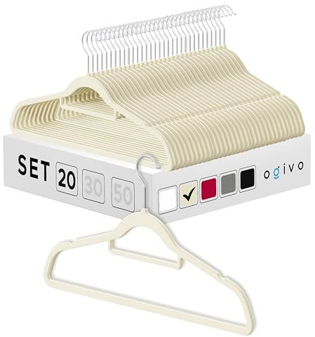 OGIVO Samt Kleiderbügel - 20er Set - rutschfest Bügel für Ihren Garderobe - kleine Stange für Krawatten - Haken um 360° drehbar - Einkerbungen im Schulterbereich - Hangers Clothes (Beige)