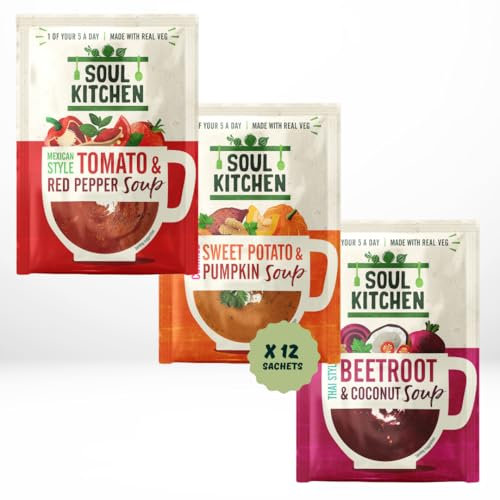 Soul Kitchen Instant Soup Variety Pack — Premium Vegan, Gluten-Free Cup Soup — Low-Calorie, Healthy Lunch — Real Vegetables, No MSG — Quick Office Work Snack — Three Flavours, 12x25g Bundle
