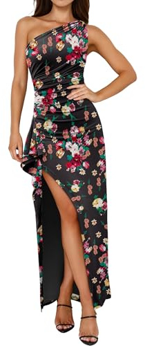 Prinbara Womens One Shoulder Floral Maxi Dress, Black Floral, Large