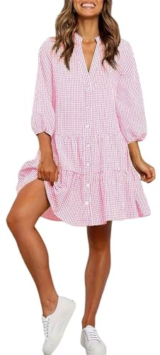 Robe d'été décontractée à carreaux pour femme, ourlet à volants, manches 3/4, boutonnée, fluide mi-longue, longueur genou
