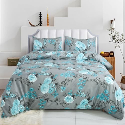 CHARKHAH 4 Piece Reversible Printed Bedding Set Includes 1 Duvet Cover, 1 Deep Fitted Sheet & 2 Pillowcases – Soft Microfibre Easy Care Quilt Cover Set for All Seasons (Blossom Teal, Double)