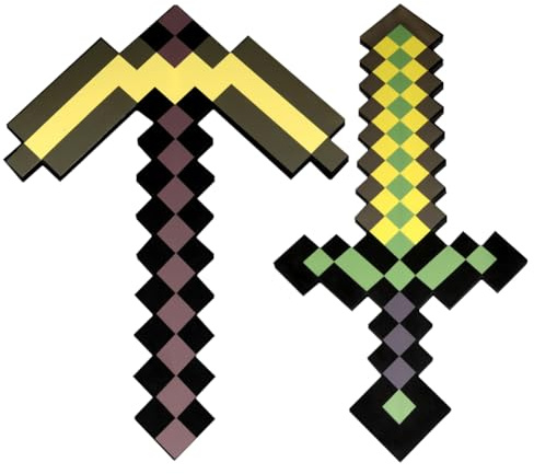 Pixel Espada y pico de Juguete para Niños Arma de Juguete de Plástico Pixel Dorado Espada de Juguete para Juegos Colección de accesorios de Batalla de Juguetes Regalos para Niños Halloween Carnaval