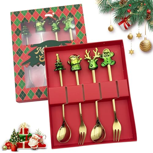 KASESSS 4 Pezzi Posate Natalizie, Servizio di Posate in Acciaio Inox, Babbo Natale Albero di Natale Renna Omino di Pan di Zenzero Cucchiai Forchette con Scatola Regalo, Accessori da Cucina, Dorato