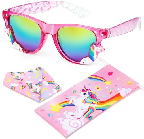 Hifot Kids Sunglasses Girls, Unicorn Girls Sunglasses Kids Age 3-10Y, with Unicorn Glasses Pouch Cloth, Toddler Childrens Sun Glasses UV Protection for Summer Beach Outdoor Birthday Party Dress up