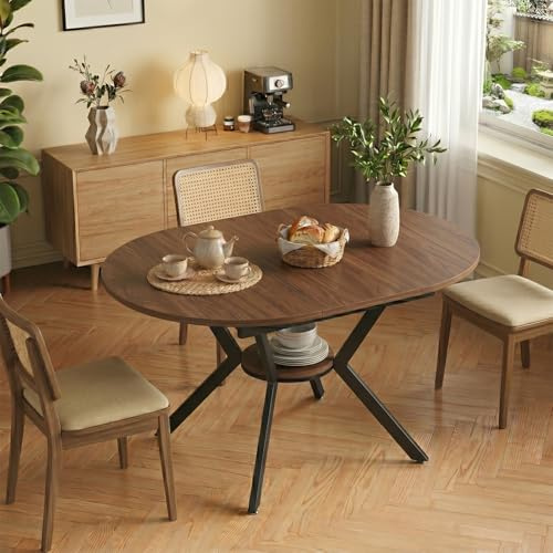 Aislinglen Mesa de comedor redonda extensible, 100 – 140 cm, redonda, mesa de cocina de madera, mesa de comedor ovalada con función telescópica, mesa de salón extensible con estantes abiertos para