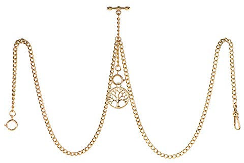 TREEWETO Men's Double Albert Chain Pocket Watch Curb Link Key Chain 3 Hooks with Antique Gold Life Tree Pendant Design Charm Fob T Bar