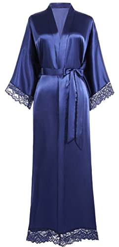 BABEYOND Women's Kimono Dressing Gown Satin Kimono Robe Long Kimono Bridesmaid Bath Robe with Lace Trim for Nightwear Girl's Bonding Party Wedding Pajama Party(Blue)