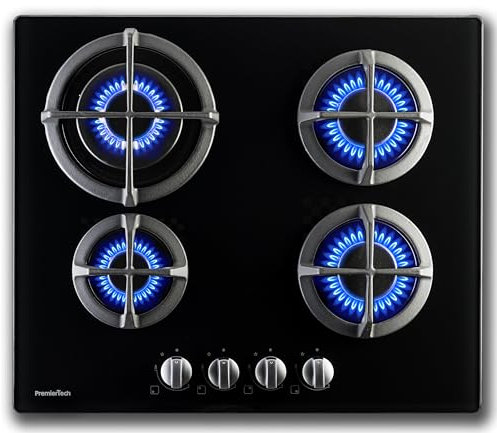 PremierTech Piano Cottura a Gas in Vetro Nero, 4 Fuochi, 60cm, Predisposto Metano e Kit Ugelli GPL Inclusi, Manopole in Alluminio, Supporti in Ghisa Professionali, Da Incasso 56x48cm, PC4G60V
