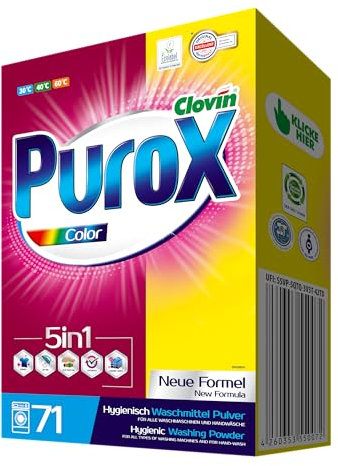 PUROX COLOR Detersivo Lavatrice Polvere (71 Lavaggi) – Per tessuti colorati, rimuove le macchie, ecologico, protezione anticalcare, cartone da 5 kg