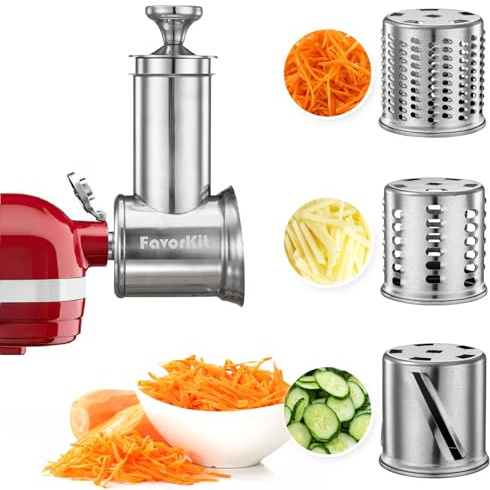 FavorKit Slicer Shredder Attachment for KitchenAid Mixers, Stainless Steel Cheese Grater Salad Maker Accessories with 3 Cutting Blades,Dishwasher Safe!