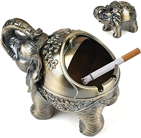 CENBEN Stand Elephant Decorative Ashtray With Lid, Vintage Windproof Cigarette Cigar Ash Holder for Smoker, Outdoor & Indoor Use (Green Bronze)