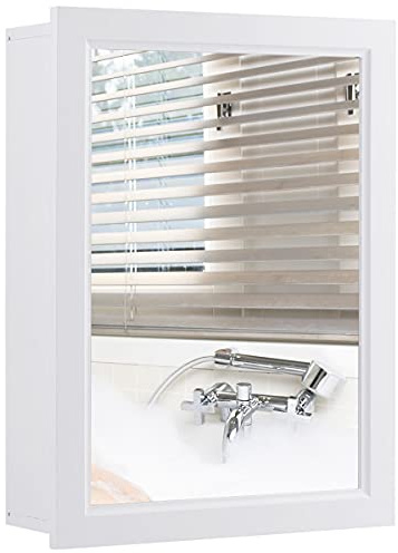 COSTWAY Bathroom Mirror Cabinet, Single Door Wall Mounted Storage Cupboard, Home Kitchen Living Room Wooden Display Organiser Unit (White, with 3-Position Adjustable Shelf)
