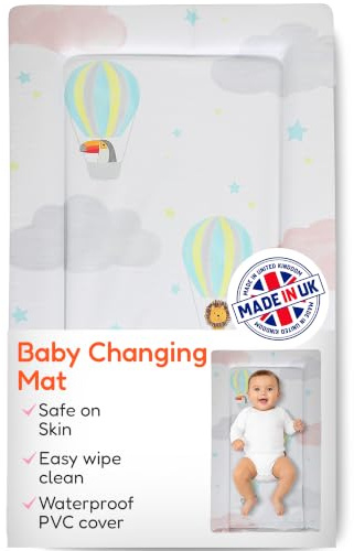 Babycurls Baby Changing Mat with Raised Foam Edges - Wipe Clean Waterproof PVC Nappy Changing Mat - Hypoallergenic Foam - UK Made Nursery Essential, Safari Balloons, 76 x 45 cm Baby Pad