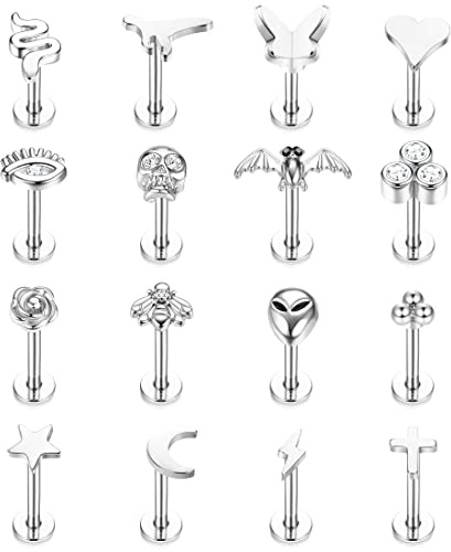 Kakonia 16 Unids Tragus Piercing Joyería para Mujeres Hombres 16G 8 MM Concha Pendiente Stud Acero Inoxidable Roscado Medusa Labio Anillo Plata 8