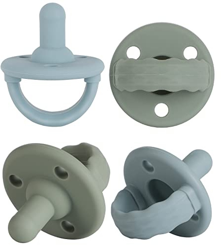 Soother Pacifier,Food Grade Silicone Pacifiers with Handle & 3 Holes for Added Safety, BPA Free, 4-Pack (Sage x2 / Ether x2)