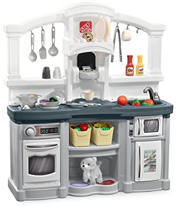 Step2 Fun with Friends Kids Kitchen Playset, Indoor/Outdoor Kitchenette with Lights & Sounds, Durable Plastic, 25-Piece Toy Accessories, Toddlers 2+ Years, Gray