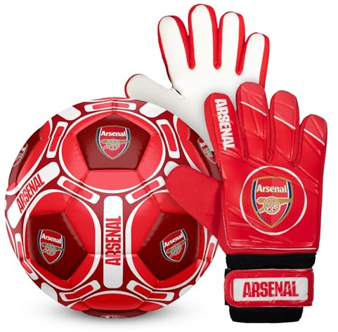Arsenal FC Official Size 4 Football & Boys Goalkeeper Gloves Junior Set