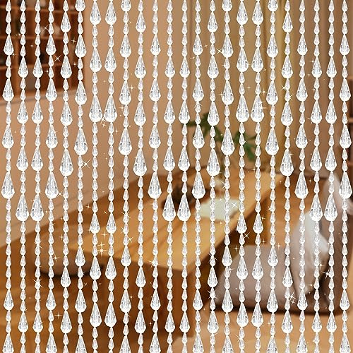 GeeComfy Cortina de Cuentas de Cristal de 35.5 x 79 Pulgadas, 81 hebras de acrílico para Colgar en Puerta, Ventana, Sala de Estar, Dormitorio, patrón de Ondas, Color Blanco