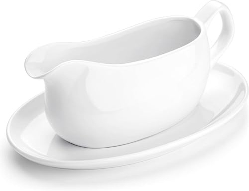 Porcelain Gravy Boat, White 450ml Sauce Jug with Saucer Stand | Pourer Dish with Handle for Gravy Warming Sauces Salad Dressings Milk, Dishwasher Safe