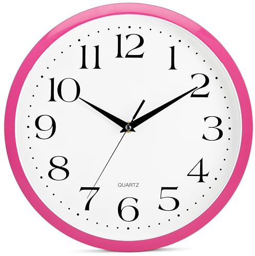 Bernhard Products Pink Wall Clock 12 inch Silent Non Ticking Battery Operated Quartz Easy to Read Round Classroom Home Decor for Kids Playroom Baby Room Nursery Fun