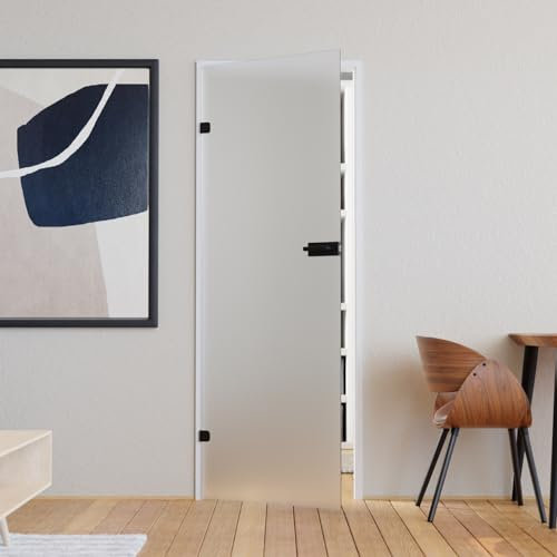 Glastür Komplettset mit Beschlag 709 x 1972 mm Milchglas weiß - Glastüren aus ESG Glas 8mm satiniert - Innentür Glas mit Türgriff schwarz matt abgerundet unverschließbar DIN links