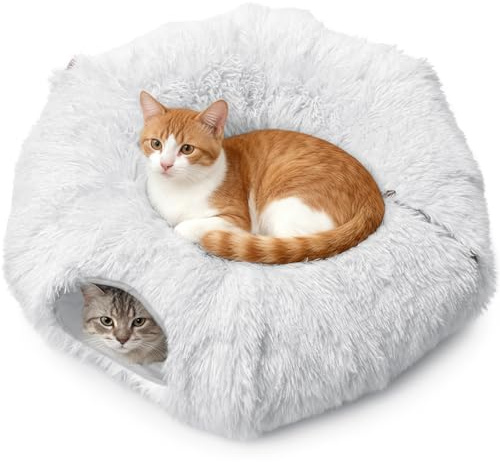 Plush Cat Tunnel Bed Cave,Foldable Donut Cat Nest Toy Indoor White