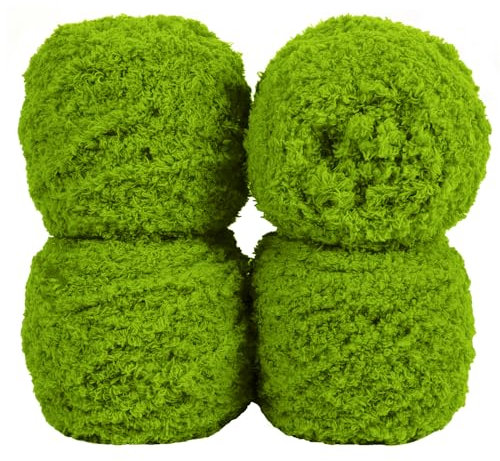 Uiopa Fluffy Yarn 4 x 100g, Soft Fluffy Wool Coral Velvet Yarn, 3-Ply Plush Thick Hand Knitting Wool for Knitting Crocheting Blankets Scarves Hats DIY Projects (Grass Green)