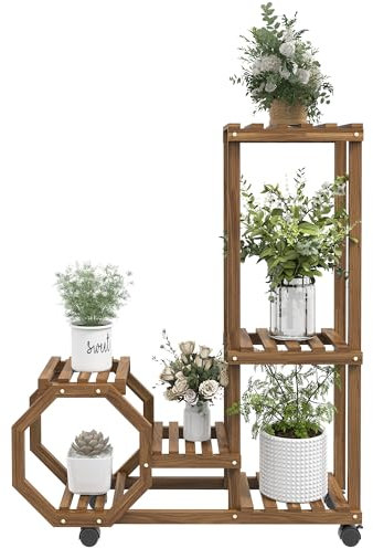 Outsunny Estantería para Plantas de 5 Niveles Soporte para Macetas de Madera Soporte para Plantas con Ruedas para Interiores y Exteriores 86x30x102 cm Carbonizado