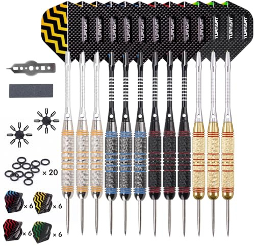 Turnart Fléchette Fléchettes Pointe Acier 12 pcs 24g Fléchettes Professionnelles 24 Ailes 12 Fléchettes avec 20 Anneaux en Caoutchouc Outil à Anneaux en Laiton Fléchettes (Doré)