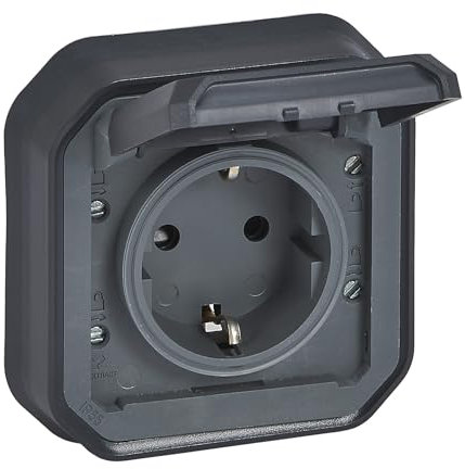 LEGRAND, Plexo New Aufsatz für Feuchtraum-Steckdose, Schuko-Standard, inklusive Klappdeckel, Berührungsschutz, Installation mit Schraubklemmen, 16A, 250 Volt, IP44 - IK07, Farbe: Anthrazit, 069859L