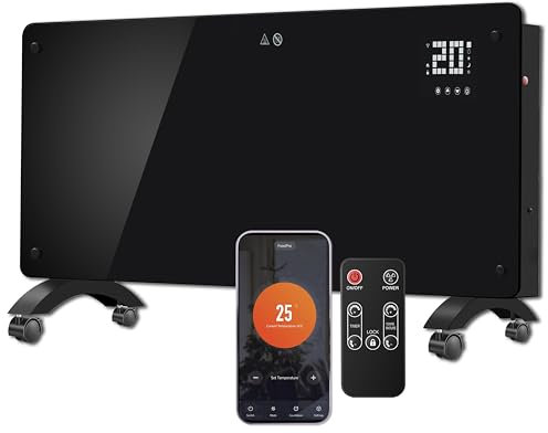 DONYER POWER 2500W Konvektor-Heizung, ultradünne Wandmontage oder freistehend, 24H Timer-Fernbedienung mit WIFI-Anschluss, schwarze Glasscheibe