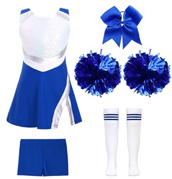 dPois Vestido Porristas Niña Con Pompones De Animadora + Lazo Para El Pelo + Calcetines A Rayas Uniforme De Animadora Para Halloween Fiesta Carnaval un azul real 7-8 años