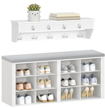 Hzuaneri Garderobe mit Sitzbank, Schuhbank mit Sitzfläche, Eingangsbank, Wandgarderobe mit 9 Haken, 12 Fächer, für Wohnzimmer, Flur, 30 x 104 x 49 cm, Weiß-Grau, HT24903GY