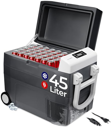 KLAMER Elektrische Kühlbox XXL 45 L Mit Kompressor, Kühl- und Warmhaltefunktion, 2 Anschlüsse: 230V & 12V für Zigarettenanzünder, Kühlung Bis -18°C, Auto Kühlbox Mit Rädern, Grau