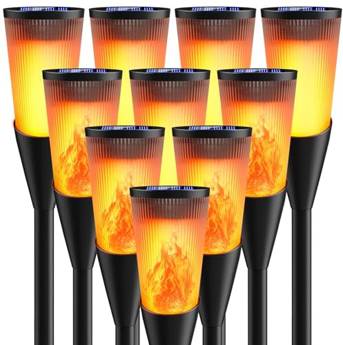 FIFlying Lampade Solari da Giardino, 10 Pezzi 12 LED Fiamma Luci Solari Esterno IP65 Impermeabile, 2 Modalità Solare Torcia Luce con Effetto Fiamma per Giardino, Cortile, Vialetto, Prato, Patio