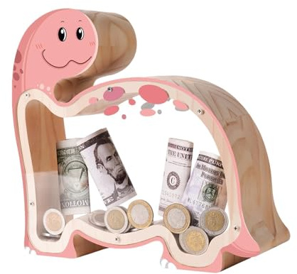 Uniwooder Pink Dinosaur Piggy Bank for Kids, Wooden Unbreakable Dino Saving Coin Jar for Kids with Letter Sticker, Wooden Brachiosaurus Money Jar Personalizable Toy, Christmas Birthday Gifts for Girls