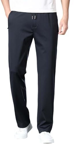 Pantalones de vestir para hombre, casuales, ligeros, con cordón elástico, cintura elástica, pantalones de negocios, verano, playa, pantalones chinos holgados con bolsillos con cremallera, azul marino