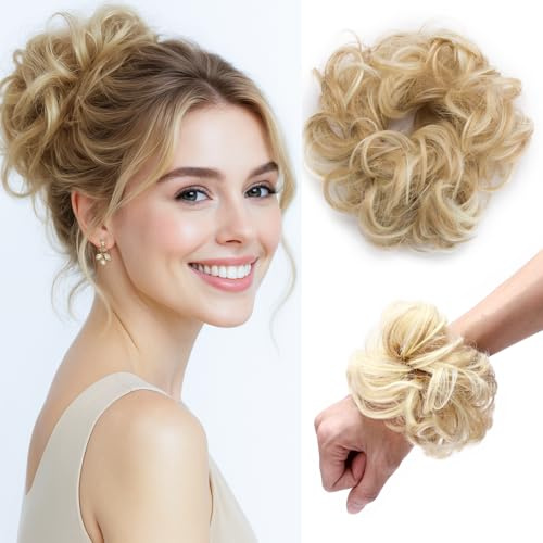 Benehair Messy Bun Hair Piece Curly Wavy Hair Scrunchies Messy Bun Scrunchie Synthetic Donut Updo Hair Pieces for Women Girls (Light Brown & Blonde, 25g)