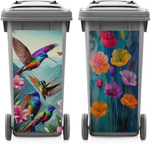 DWUENT Wheelie Bin Stickers, Flower Bin Stickers - 2 Pack Self-Adhesive Waterproof PVC Decorative Decals with Floral and Hummingbird Designs for Outdoor Dustbins, Fridge, Wall Decor, 31x70cm