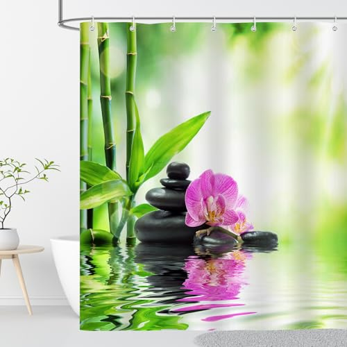 OCEUMACO Zen Duschvorhang 180x200 Anti-Schimmel Wasserdicht Textil Shower Curtains Orchidee Bambus Motiv Duschvorhänge Badewanne Lang Waschbar Stoff Bad Vorhang mit Haken - Grün