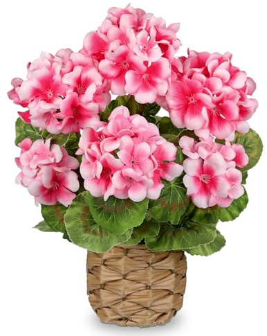 Arborus Konstgjord blomma i vävd kruka 34,8 cm fuskrosa pelargon i rustik korg realistiska silkesblommor arrangemang inomhus dekorativ konstgjord blommande växt för hem vardagsrum bordsdekor