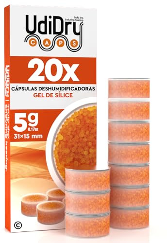 20 Capsule per Apparecchi Acustici 5g 31mm UdiDry Caps Essiccanti con Indicatore di Colore - Capsule Deumidificanti con Gel di Silice di Alta Qualità per Contenitori di Asciugatura