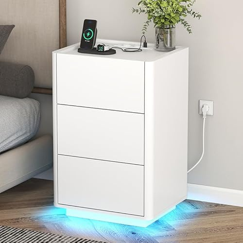 YOSHOOT Nattbord med LED-lampor, 3 lådor, sidobord med laddningsstation, modernt nattduksbord för vardagsrum, sovrum, arbetsrum, 39,8 × 35 × 65 cm (vit)