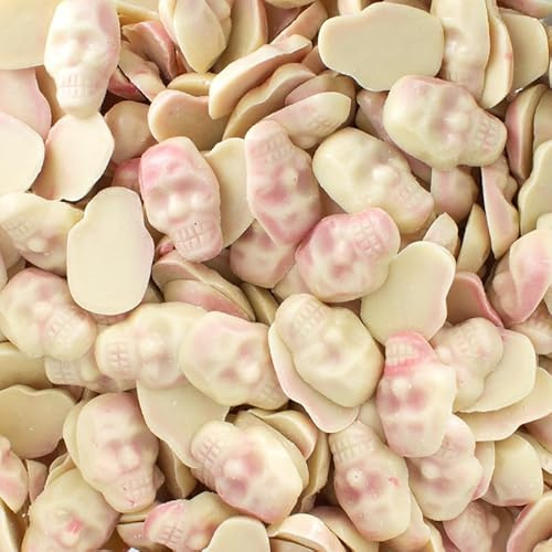 Cráneos de Chocolate Blanco Rellenos de Fresa – Tarro 300 Unidades (1 kg) – Golosinas Temáticas de Halloween