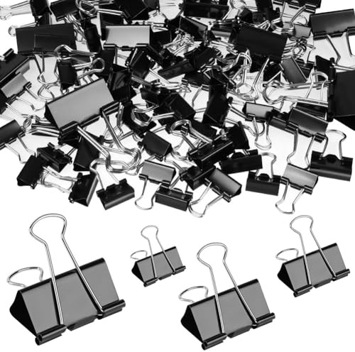 AOOSU Binder Clips 100pc, Bulldog Clips for Paper – Black Metal Foldback Clip, Paper Clamp Suitable for Offices, Schools, Homes, Kitchens, Shops, 4 Mixed Sizes