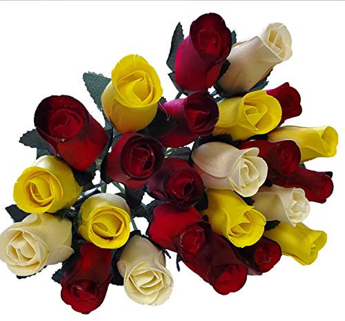 Rosenstrauß aus Holz, realistisch, Rot, Gelb und Elfenbein, 24 Stück