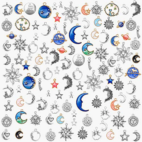 Meetory 114 Stück Emaille Charme Anhänger, Gemischte Antik-Silber Sonne Mond Sterne Charms Anhänger, Assorted Emaille Charme Deko für DIY Schmuck Basteln Herstellung