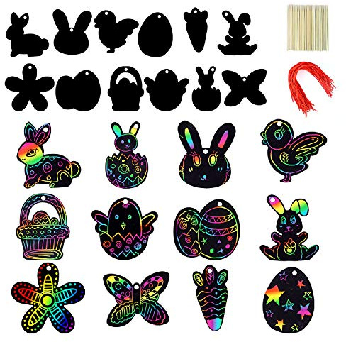 JOYIN 72 Pcs Easter Scratch Paper Set (12 Designs) Rainbow Scratch Art Easter Crafts Kit for Kids with Wooden Stick and Ribbon, Rainbow Color Scratch Ornaments for Home Tree Decor, Party Favors