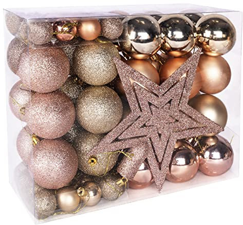 Anstore 69 Pcs Christmas Ball Ornaments - Shatterproof Baubles With Tree Topper Star - Rose Gold Hanging Decorations for Holiday and Party (6cm & 3cm)